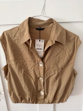 Zara Tan Sleeveless Collared Button-Front Crop Top